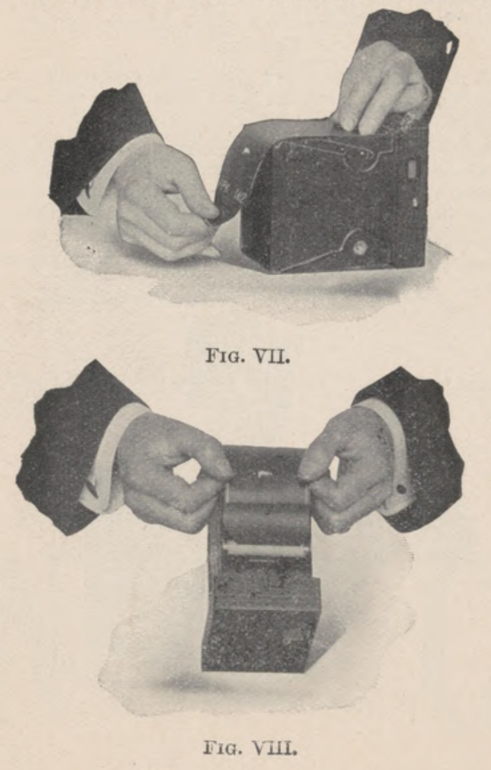 Two views of passing duplex paper across the roll holder and threading it into the empty reel.