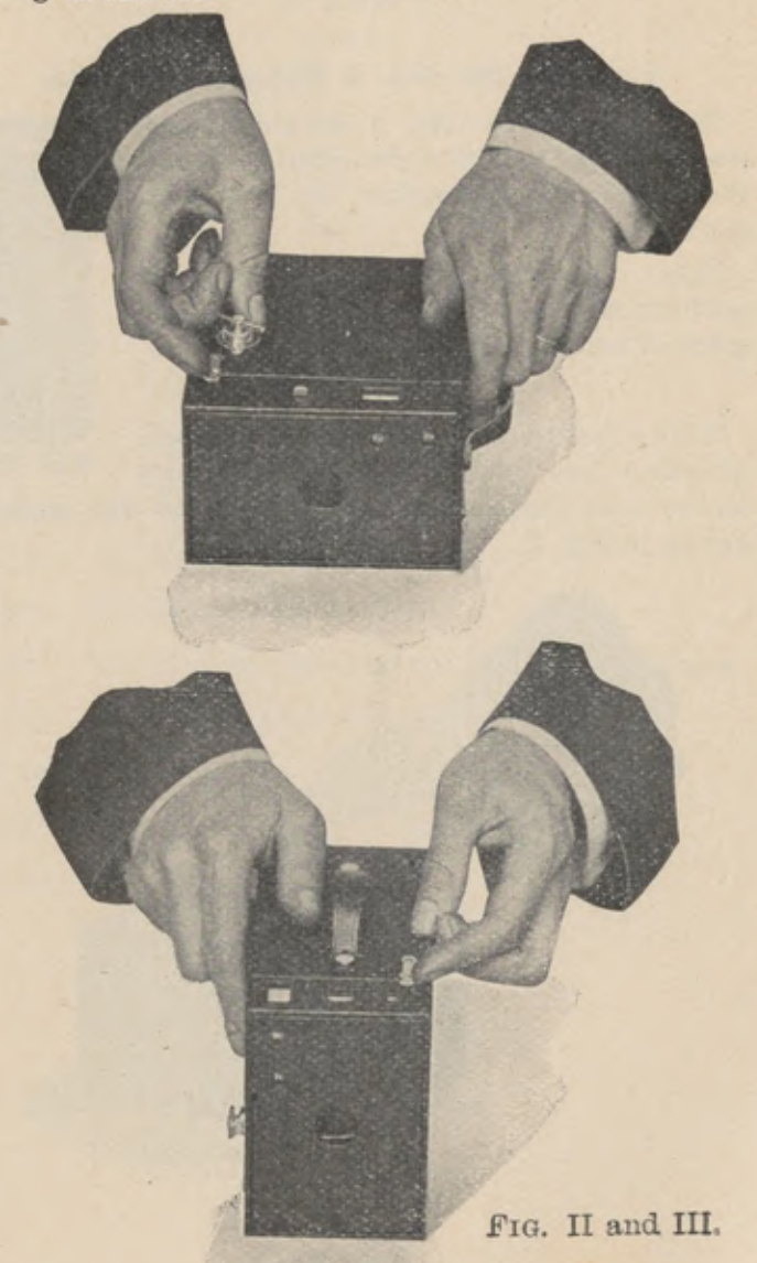 Two views of hands releasing the spring catches on the Brownie camera.