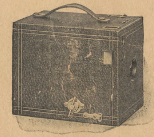 Brownie No. 3 box camera with carrying handle, winding key and viewfinder.